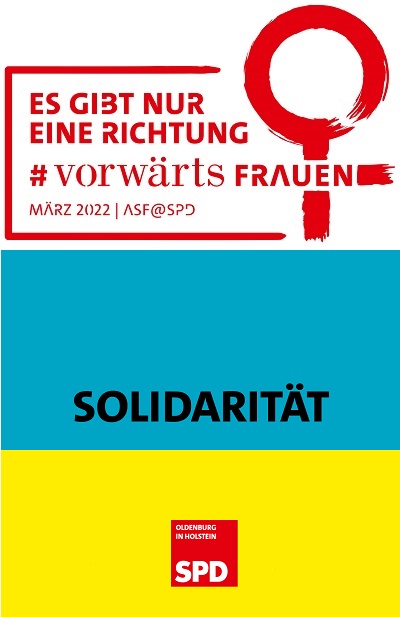 Logo des ASF zum Frauentag mit Solidaritätsbanner der SPD Oldenburg in Holstein zum Krieg in der Ukraine